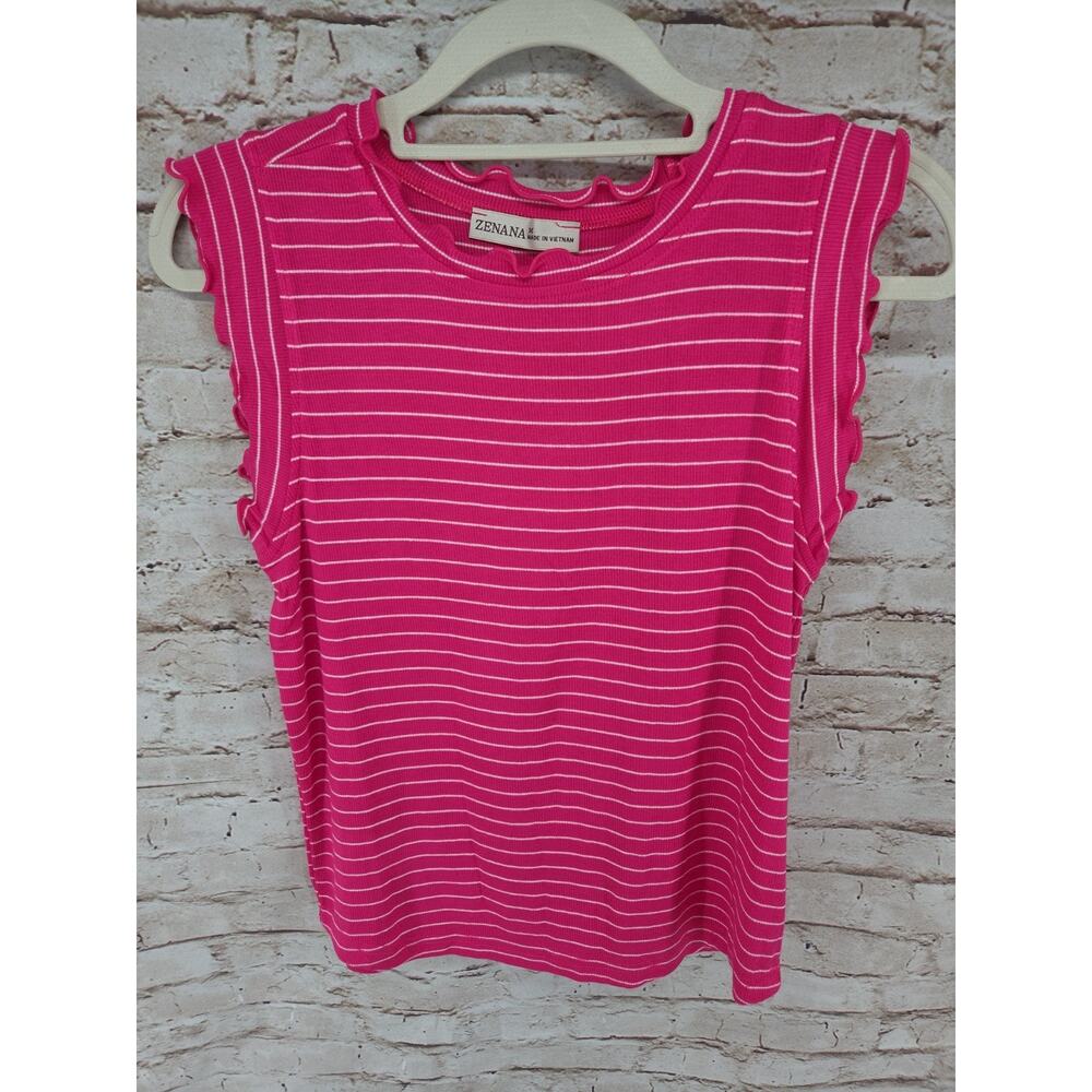 Zenana Striped Top NEW Hot Pink Size Medium Striped Ruffle Sleeves